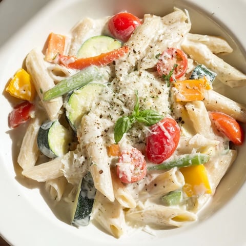 Creamy One-Pot Creamy Pasta Primavera with colorful bell peppers, zucchini, and cherry tomatoes on a white plate, ready to serve.