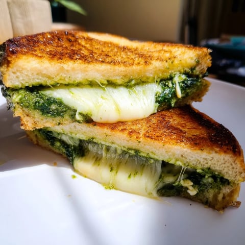 Golden-brown, crispy sourdough slices oozing melted mozzarella and sharp cheddar, spread with garlicky spinach pesto, served on a plate.  