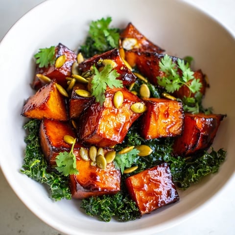 Golden roasted red kuri squash cubes glisten with maple syrup and spices in a vibrant bowl.
