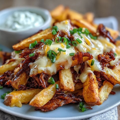 Golden-brown, crispy Cheesy BBQ Fries with Ranch Dip are piled high on a platter, smothered in melted cheddar and topped with fresh green onions.