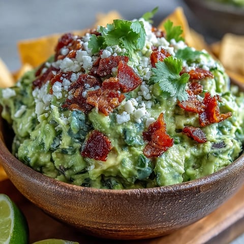 Creamy Bacon Guacamole with Cotija Cheese served with crisp tortilla chips and fresh lime wedges on a rustic board.
