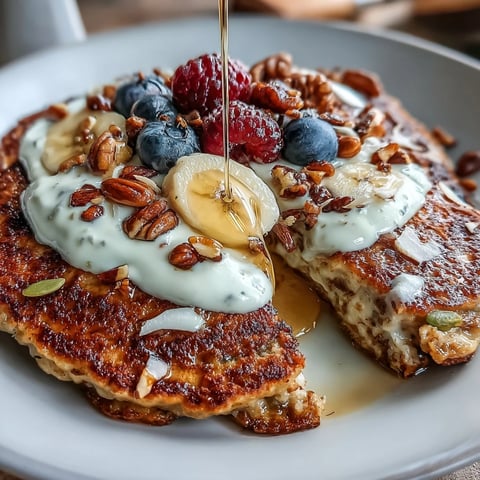 Warm Protein Pancake Bowl features a golden oat and banana pancake base topped with creamy Greek yogurt, fresh berries, and honey.