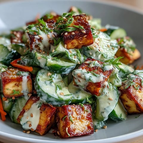Crispy tofu cubes and creamy sesame-ginger dressing coat crunchy cucumbers and carrots.