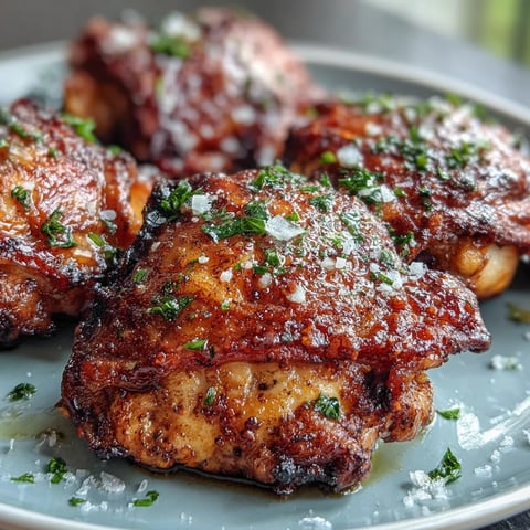 Crispy baked bone-in chicken thighs with golden, crackling skin rest on a wire rack beside lemon wedges and fresh parsley garnish.