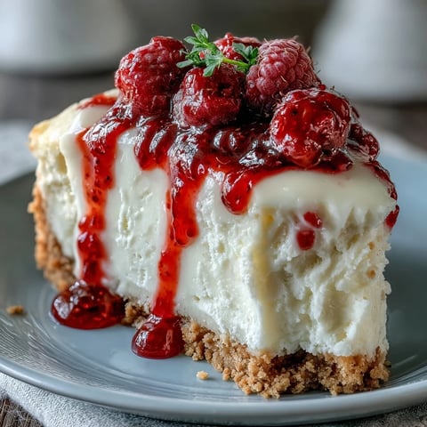 Freshly sliced Indulgent White Chocolate Raspberry Cheesecake Bliss showing a creamy texture and bright berry swirl.