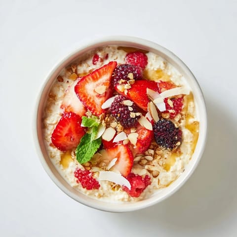 Cool, creamy overnight oats, topped with vibrant berries and a sweet honey drizzle – a perfect start.