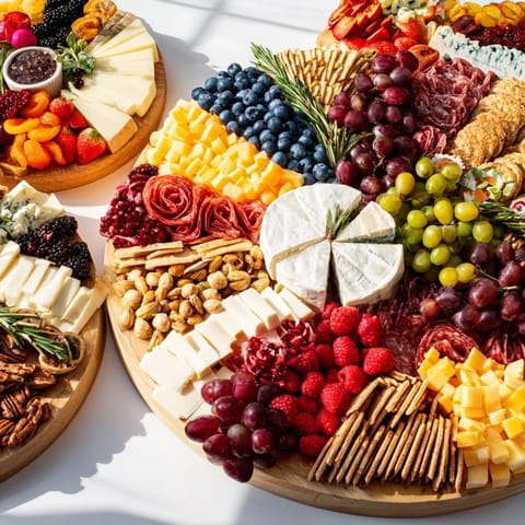 Vibrant photo of a festive Nutcracker Suite Board, overflowing with tasty snacks perfect for a party.