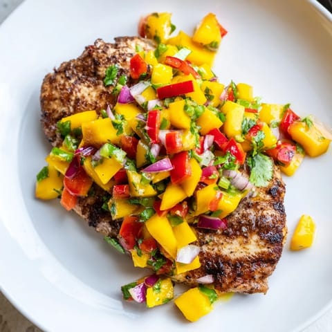 This Grilled Mango Salsa Chicken showcases juicy chicken ready to be enjoyed on a warm evening.