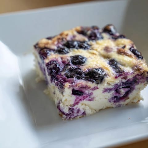 A close-up of a warm slice of Blueberry Cottage Cheese Bake, showing the creamy texture and blueberries.