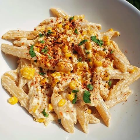 Tossed, vibrant Mexican Street Corn Pasta with corn, lime, and cheese, an inviting vegetarian dinner.
