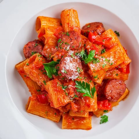 A close-up shot of the finished Spanish Chorizo Pasta, sprinkled with fresh parsley and cheese.