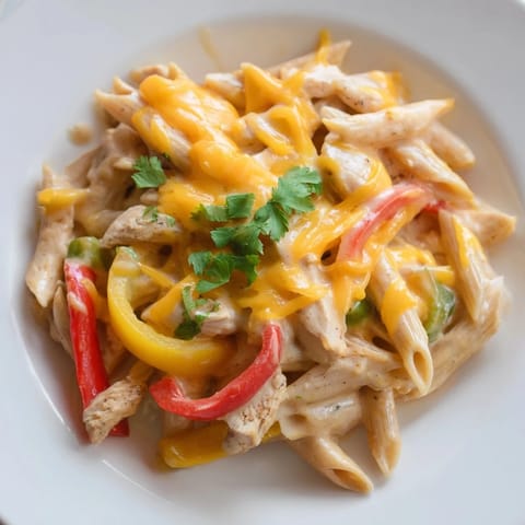 A close-up of Chicken Fajita Pasta Skillet in a cast-iron pan, with melted cheese, colorful peppers, and fresh cilantro garnish.