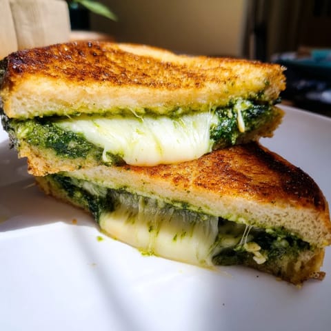 Golden-brown, crispy sourdough slices oozing melted mozzarella and sharp cheddar, spread with garlicky spinach pesto, served on a plate.  