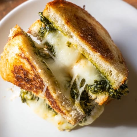 A close-up of the Spinach Pesto Grilled Cheese sandwich cut diagonally, revealing the vibrant green pesto layer and gooey cheese center.  