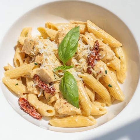 A close-up of Creamy Sun-Dried Tomato Chicken Pasta garnished with fresh basil and a sprinkle of Parmesan cheese.