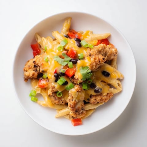 Golden crispy chicken cubes rest on top of cheesy, Tex-Mex-inspired pasta with black beans and corn in a skillet.