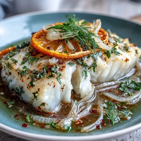 A close-up of tender, flaky Poached Cod with Fennel and Orange beside vibrant orange slices and fennel fronds.  
