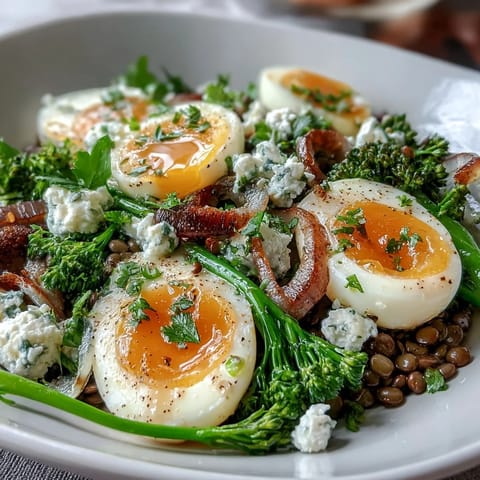 A close-up of French Lentil Salad with Broccolini and Soft-Cooked Eggs, featuring vibrant green broccolini and jammy yolks on a rustic plate.  