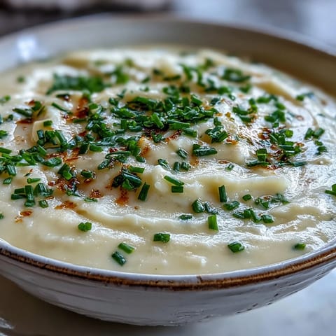A bowl of Cream of Potato Soup topped with shredded cheddar beside a crusty bread slice.