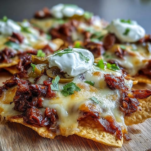 Golden, bubbly cheddar and Monterey Jack cheese melts over smoky barbecue beef layered on crispy tortilla chips, served hot for game day.