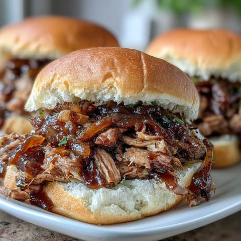 Slow-cooked Applesauce Pulled Pork Sandwiches served warm with a side of tangy coleslaw and crisp pickle chips.