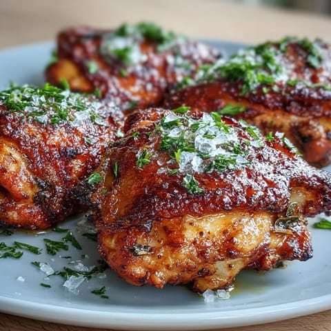 A close-up shows smoky spice blend seasoning and ultra-crisp skin on these juicy baked bone-in chicken thighs ready to serve.
