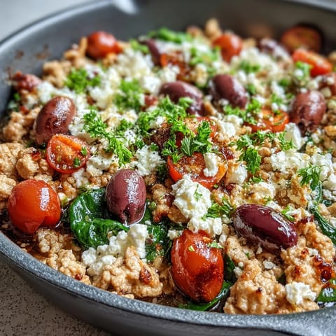 Topped with crumbled feta and fresh parsley, the Mediterranean Keto Ground Chicken Skillet with Olives and Feta is ready to serve.