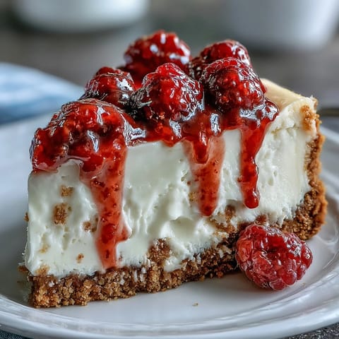 A cool slice of Indulgent White Chocolate Raspberry Cheesecake Bliss served on a white plate with fresh raspberries.