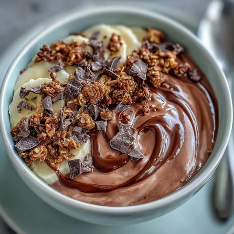 A vibrant bowl of Chocolate Peanut Butter Smoothie Bowls topped with banana slices, chopped dark chocolate, and crunchy granola.