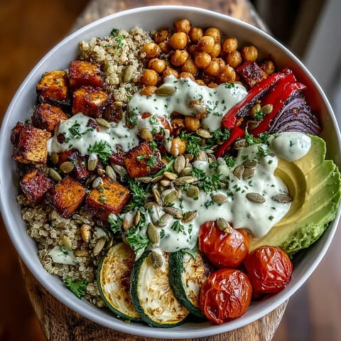 A generous drizzle of tahini sauce coats the roasted vegetables and chickpeas in this hearty, protein-packed Chickpea Power Bowl.