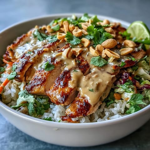 Close-up of a Peanut Chicken Power Bowl featuring juicy chicken, fresh bell peppers, cabbage, and chopped peanuts for crunch. 
