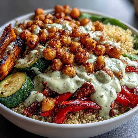 Golden roasted chickpeas and caramelized vegetables over fluffy quinoa in a bowl.