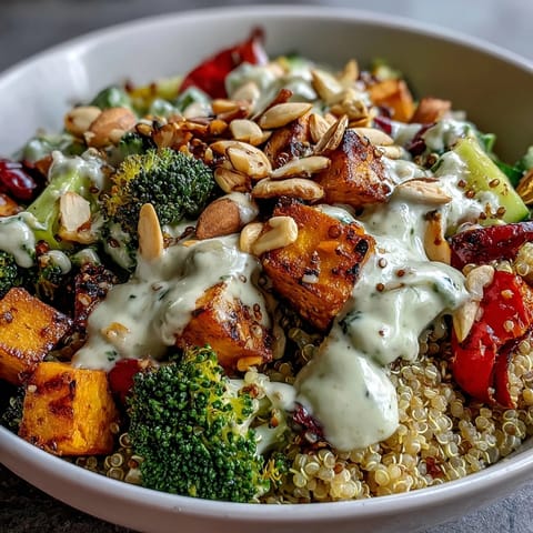 A vibrant Meal Prep Week-Long Power Bowl with quinoa, roasted sweet potatoes, and chickpeas topped with creamy tahini dressing.