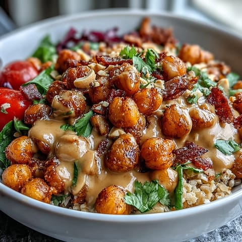 Colorful Peanut Chickpea Protein Bowl featuring fluffy brown rice, crunchy carrots, edamame, and chopped peanuts with lime wedges for serving.