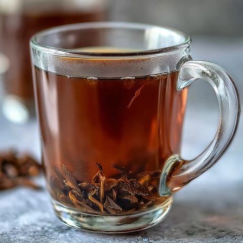 A warm mug of Hojicha Americano, showcasing the deep roasted tea color, beside fresh hojicha leaves.