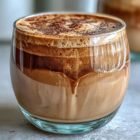 Creamy steamed milk poured into a cup of roasted hojicha cortado with frothy top.