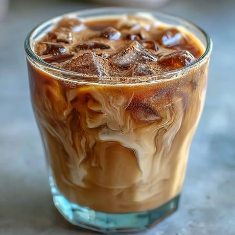 Two clear glasses of homemade Iced Hojicha with Cinnamon sit over ice, with cinnamon dusting the frothy milk surface.