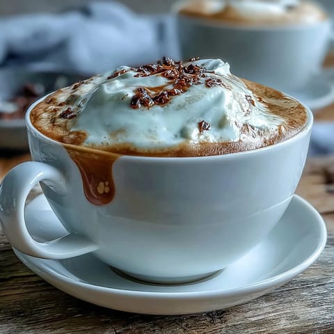 Warm Hojicha Macchiato in an espresso cup, featuring roasted green tea with a dollop of steamed milk foam and a dusting of cocoa powder.