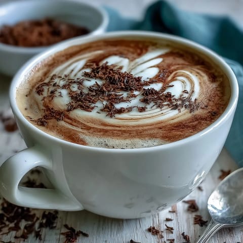 Creamy Hojicha Cappuccino in a white mug, topped with rich foam and a light dusting of roasted tea powder.