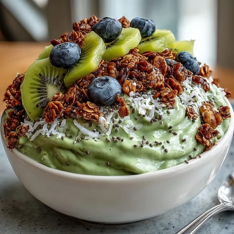 Creamy hojicha smoothie bowl topped with berries, kiwi, and crunchy granola for a nourishing breakfast.