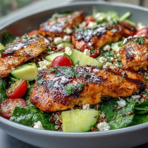 Fresh lemon vinaigrette grilled chicken and veggie bowl with quinoa and feta cheese, vibrant and healthy.