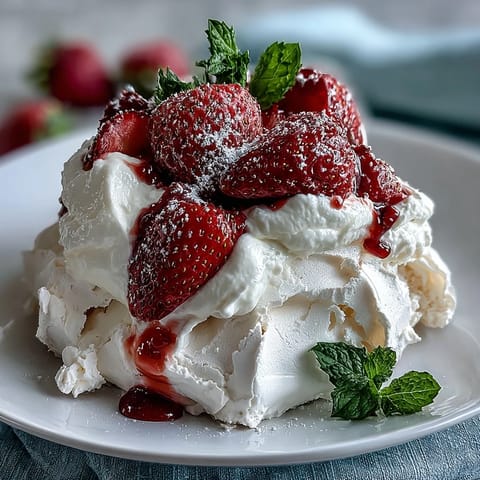 Delicate strawberry and cream mini pavlovas: golden meringue nests filled with fluffy vanilla cream and vibrant red fruit.  