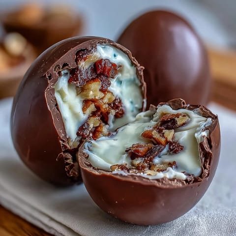 Dubai Chocolate Strawberry Easter Eggs with Crunch Filling, glossy and vibrant, filled with crispy hazelnut crunch and freeze-dried strawberry flavor.