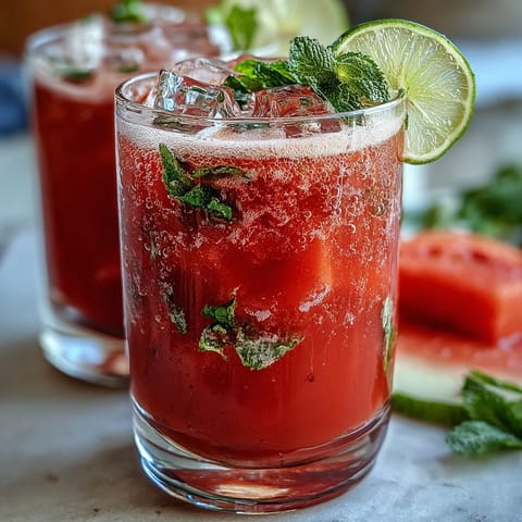 Watermelon Lime Sparkling Punch with mint and lime slices, served over ice in a clear pitcher.