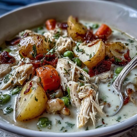 A creamy slow cooker chicken pot pie soup with tender chicken, vegetables, and a rich, savory broth.  