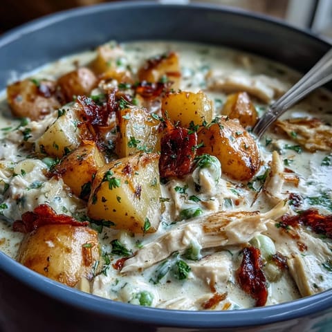 Slow-cooked chicken pot pie soup, loaded with potatoes, carrots, and peas in a velvety cream base.  