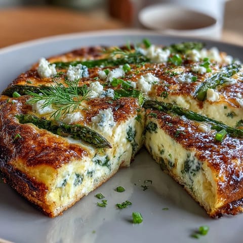 A golden spring frittata with tender asparagus and creamy goat cheese, baked to fluffy perfection for brunch.
