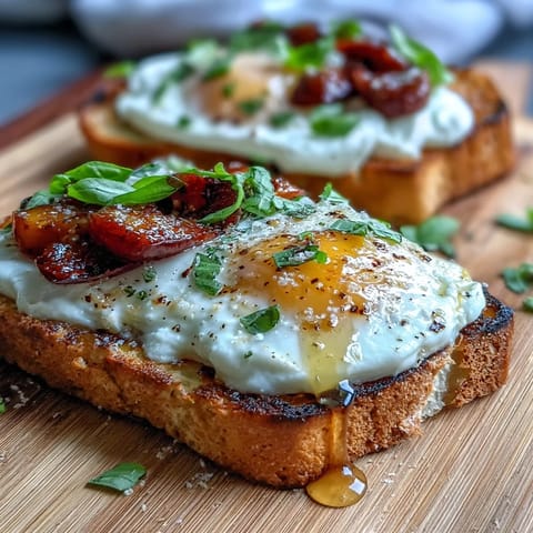 Elegant Honey Peach Burrata Toast featuring juicy peach slices and burrata cheese, drizzled with honey and olive oil, garnished with basil.  