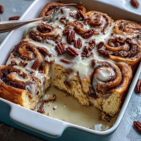 Warm cinnamon roll pancake casserole with cream cheese glaze, baked golden and swirled with cinnamon sugar.