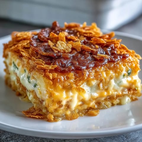 Cheesy hash brown casserole with golden cornflake topping, baked to bubbly perfection in a glass dish.